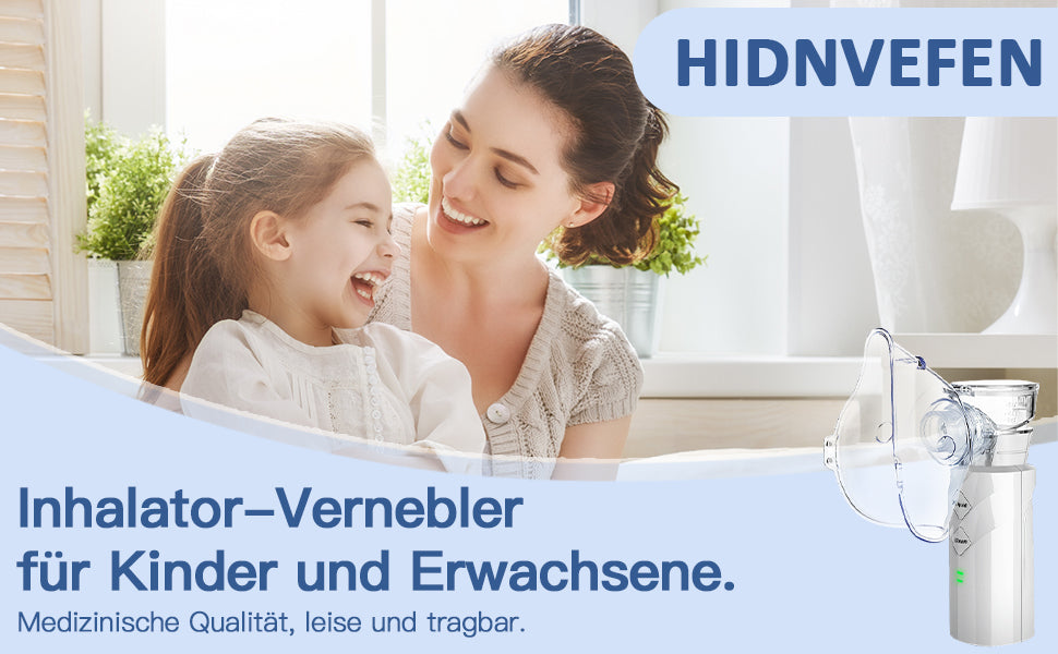 Hidnvefen Inhalationsgerät Vernebler, 1200mAh Inhalator für Kinder & Erwachsene, automatische Reinigung, 5h Laufzeit - Leicht & effektiv bei Atemwegserkrankungen, 4 Zubehörteile & Aufbewahrungsbox